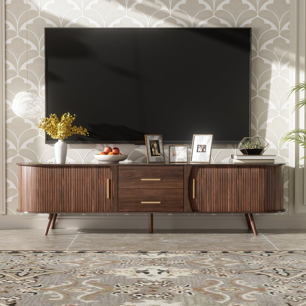 Mid-Century Modern TV Stand for 80" TVs Home Entertainment Center with Metal Shelves and Storage