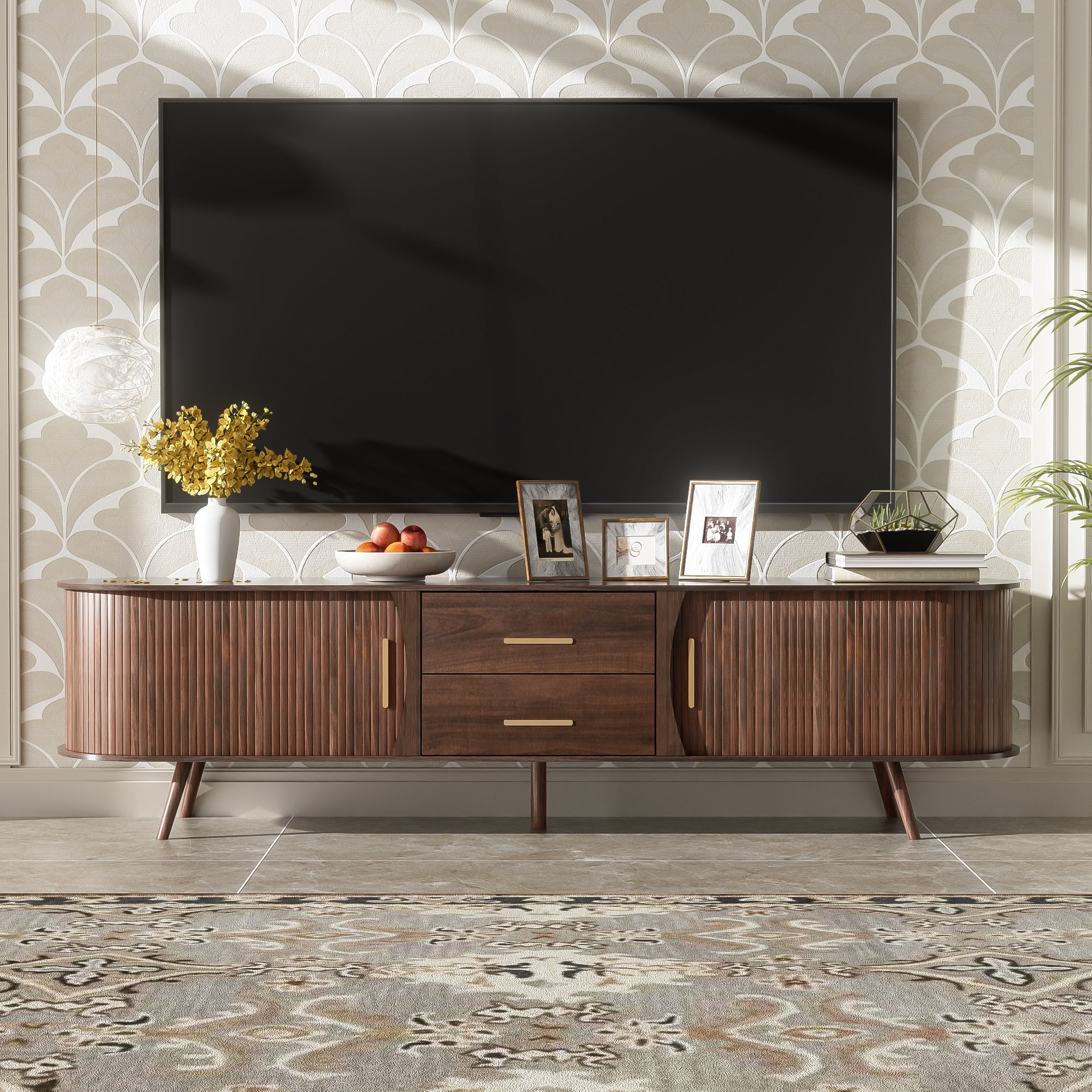 Mid-Century Modern TV Stand for 80" TVs Home Entertainment Center with Metal Shelves and Storage