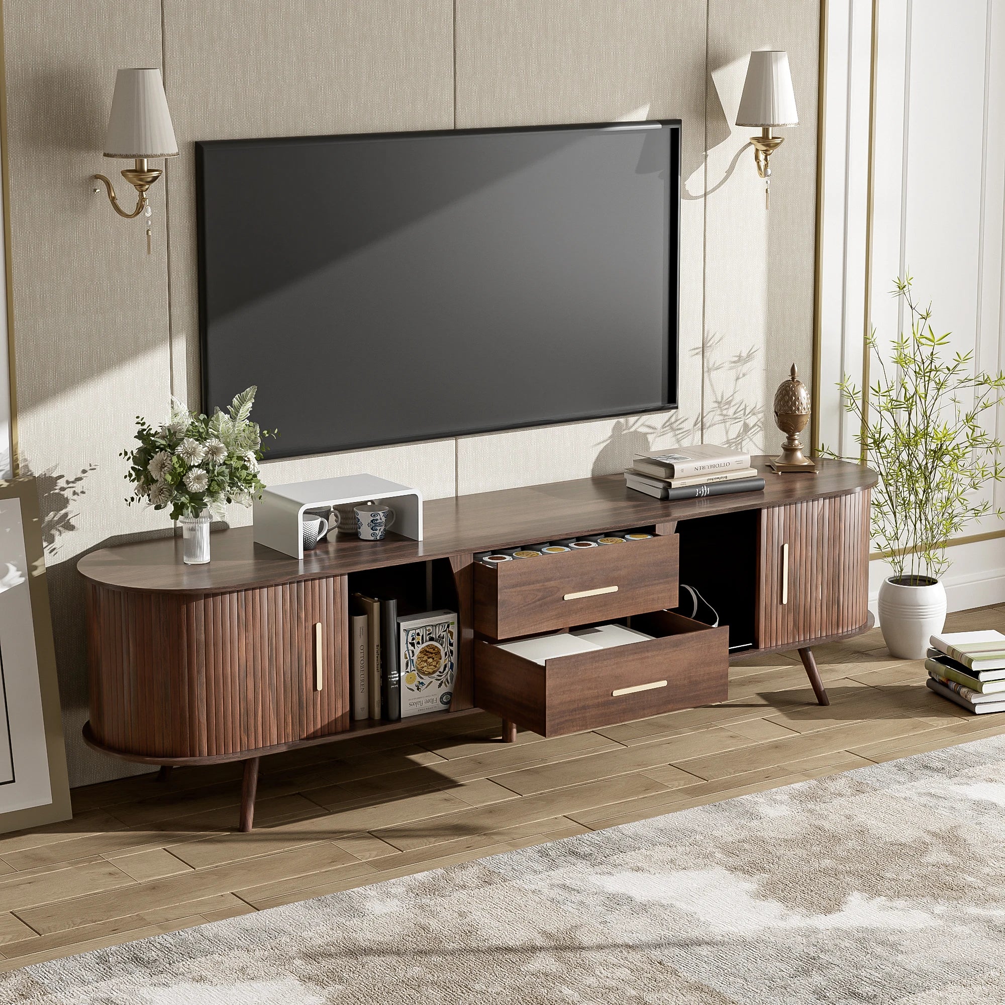 Mid-Century Modern TV Stand for 80" TVs Home Entertainment Center with Metal Shelves and Storage