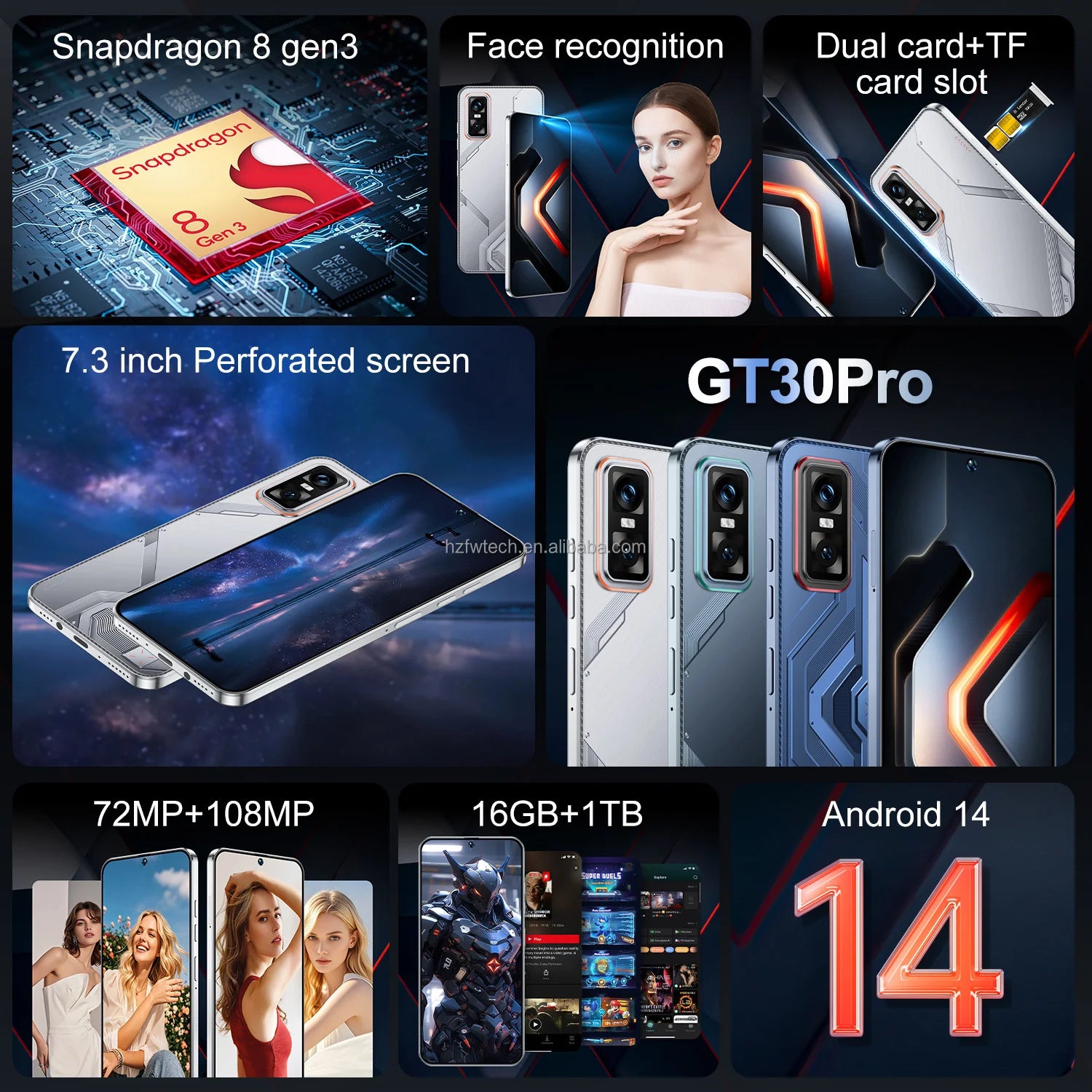 2025 New GT30 Pro Android14 5g Smartphone HD 7.3 Inch Screen Deca Core CPU LTE Cellular Dual Card Mobile Phone