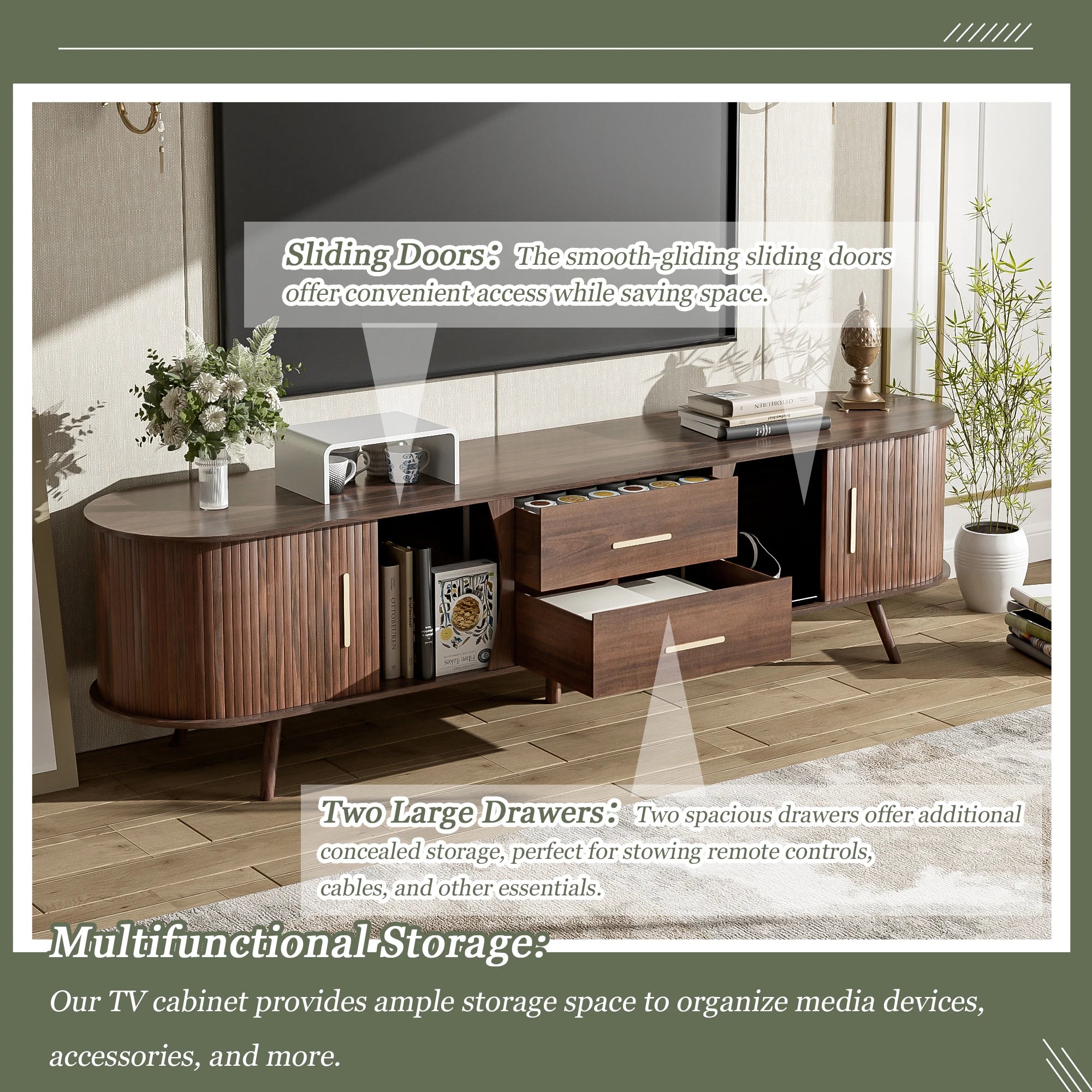 Mid-Century Modern TV Stand for 80" TVs Home Entertainment Center with Metal Shelves and Storage