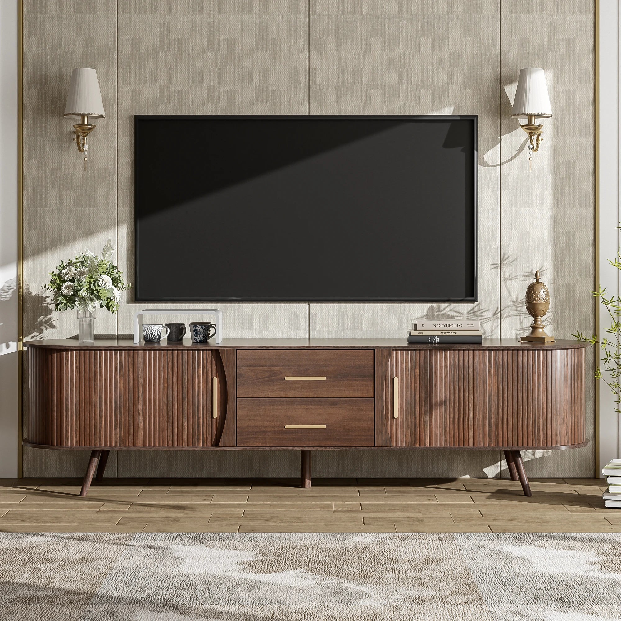 Mid-Century Modern TV Stand for 80" TVs Home Entertainment Center with Metal Shelves and Storage