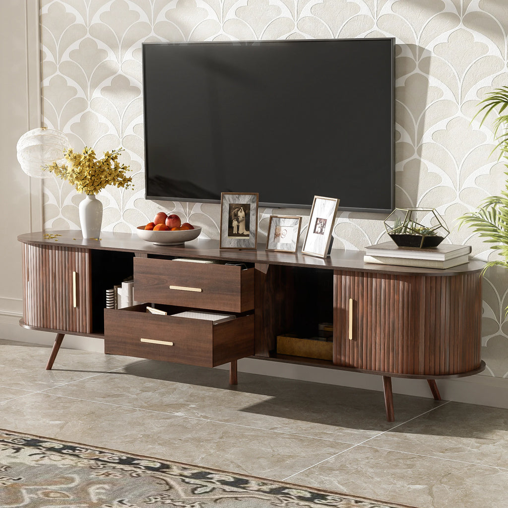 Mid-Century Modern TV Stand for 80" TVs Home Entertainment Center with Metal Shelves and Storage