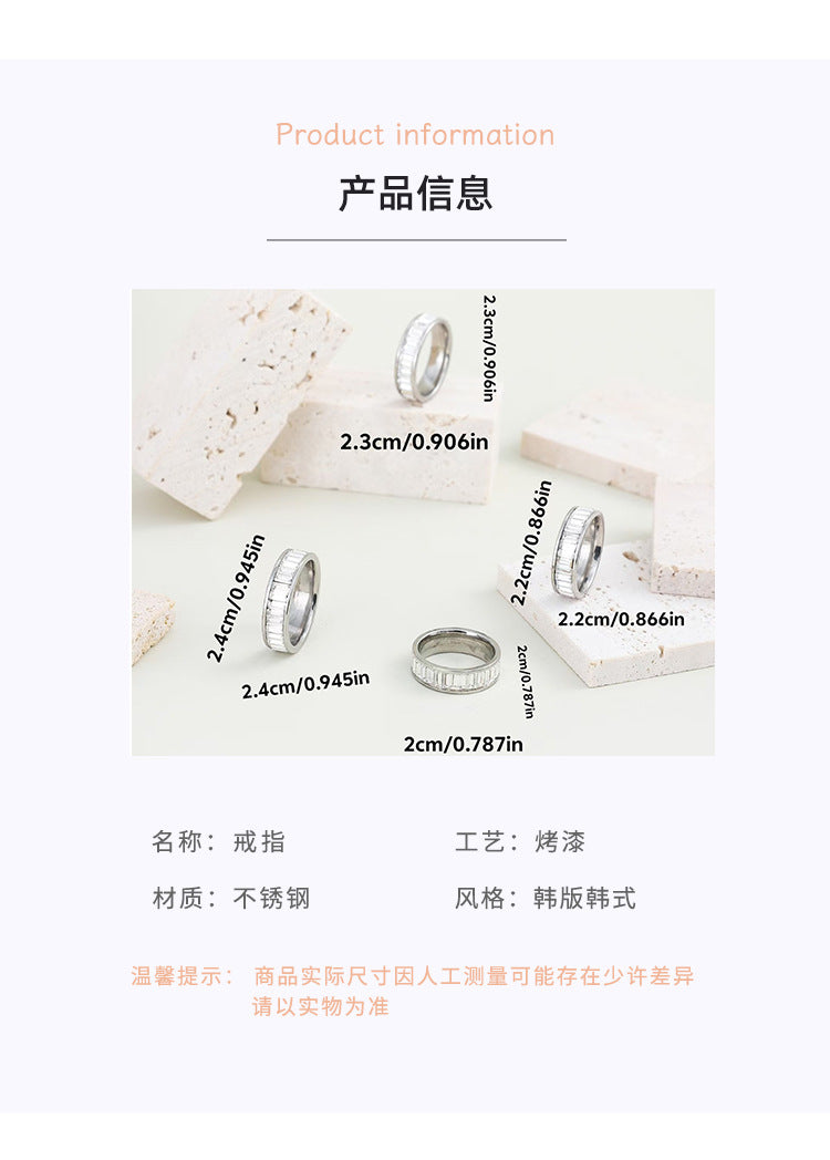 Cross-border plain ring stainless steel ring rectangular zircon ring titanium steel diamond lovers ring jewelry wholesale
