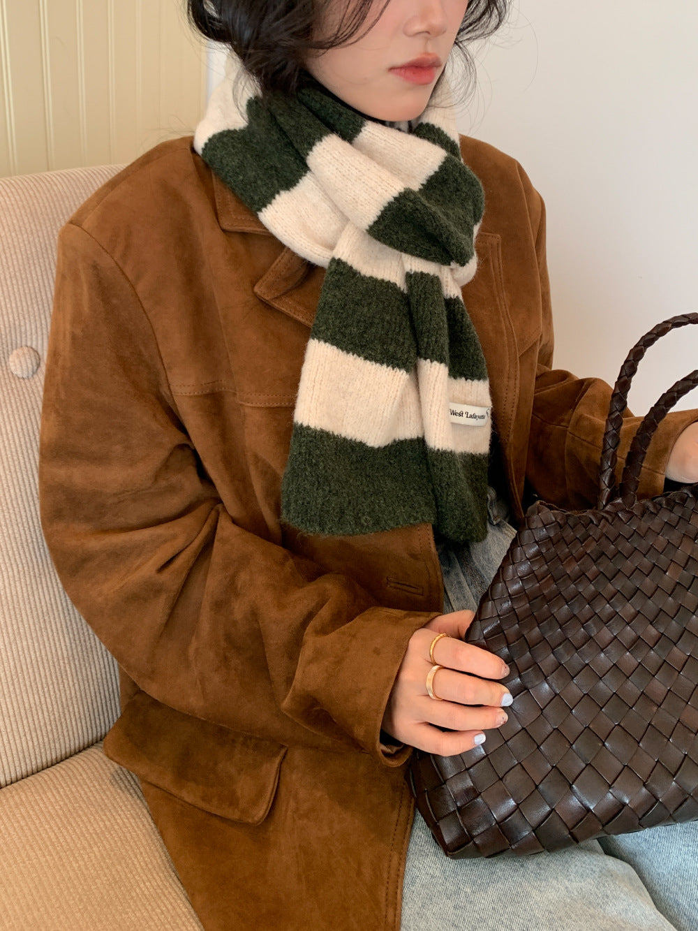 Korean Style New Style Striped Wool Knitted Scarf Women's Winter Warm Thick High-end All-match Scarf Light Luxury