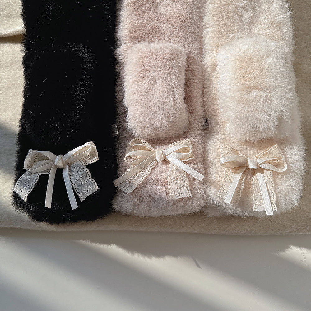 Sweet and Cute Double-layer Bow Fur Collar Scarf Women's Thickened Winter Windproof and Cold Wool Scarf Cross for Students