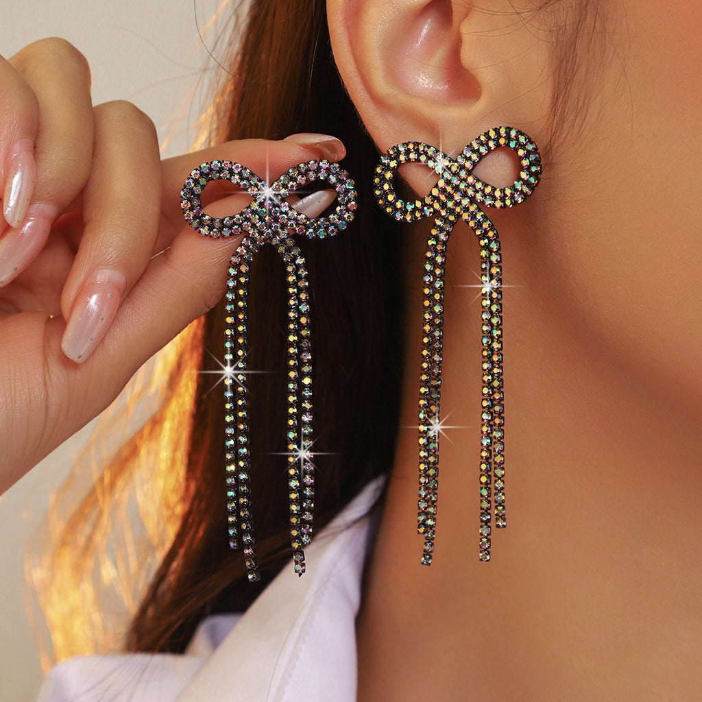 Shein Explosive Bow Long Tassel Earrings Women's Personality Super Flash Rhinestone Bride Wedding All-match Ear Jewelry