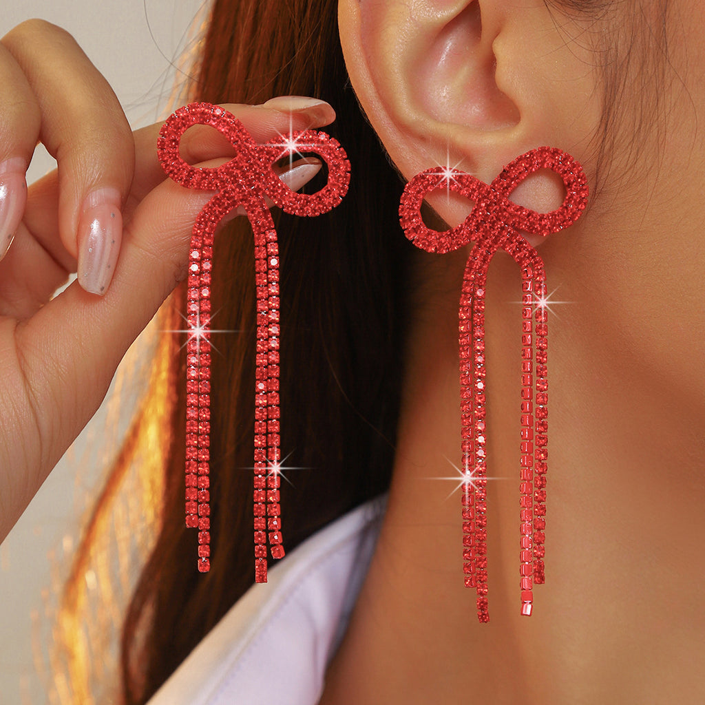 Shein Explosive Bow Long Tassel Earrings Women's Personality Super Flash Rhinestone Bride Wedding All-match Ear Jewelry