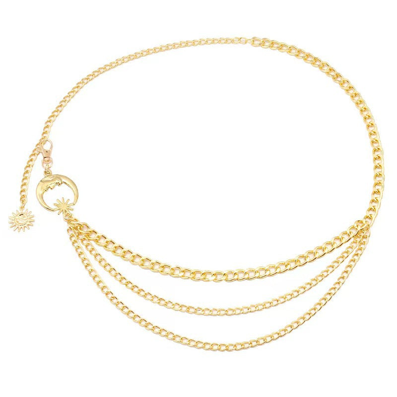Cross-border European and American Metal Sunflower Multi-layer Waist Chain Accessories Hip-hop Retro Crescent Body Chain Waist Decoration