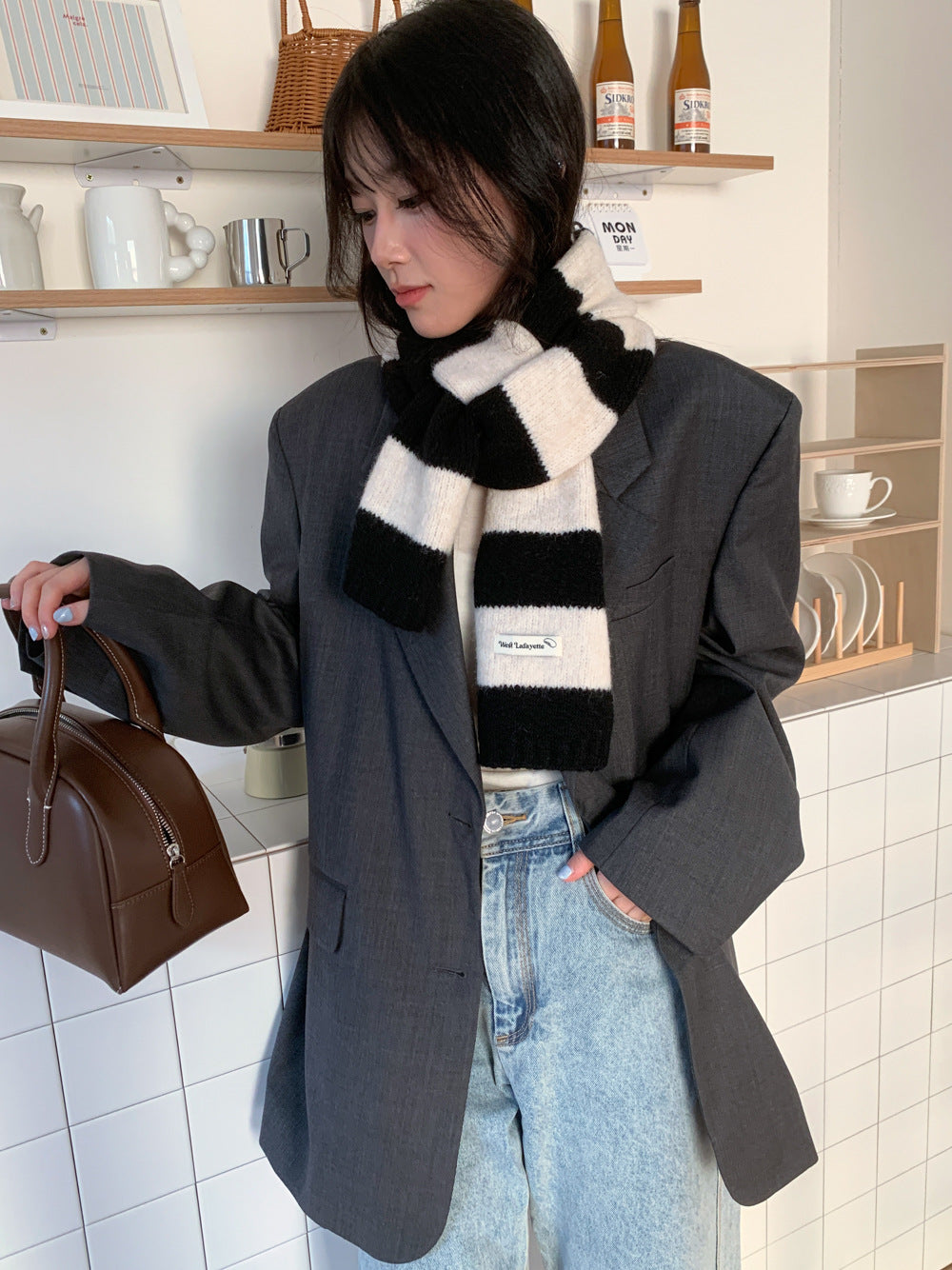Korean Style New Style Striped Wool Knitted Scarf Women's Winter Warm Thick High-end All-match Scarf Light Luxury