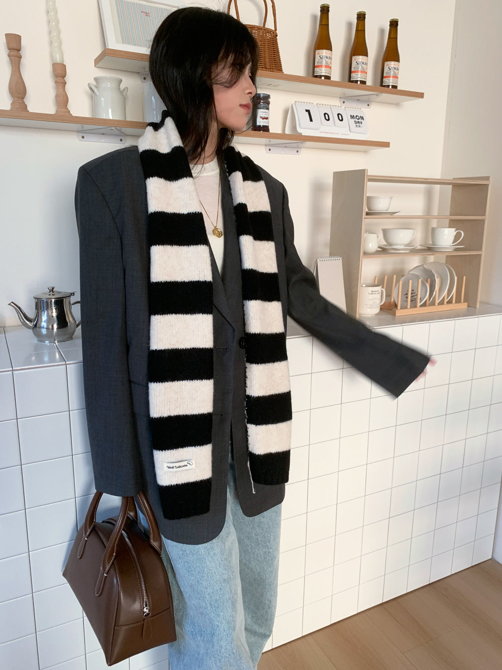 Korean Style New Style Striped Wool Knitted Scarf Women's Winter Warm Thick High-end All-match Scarf Light Luxury