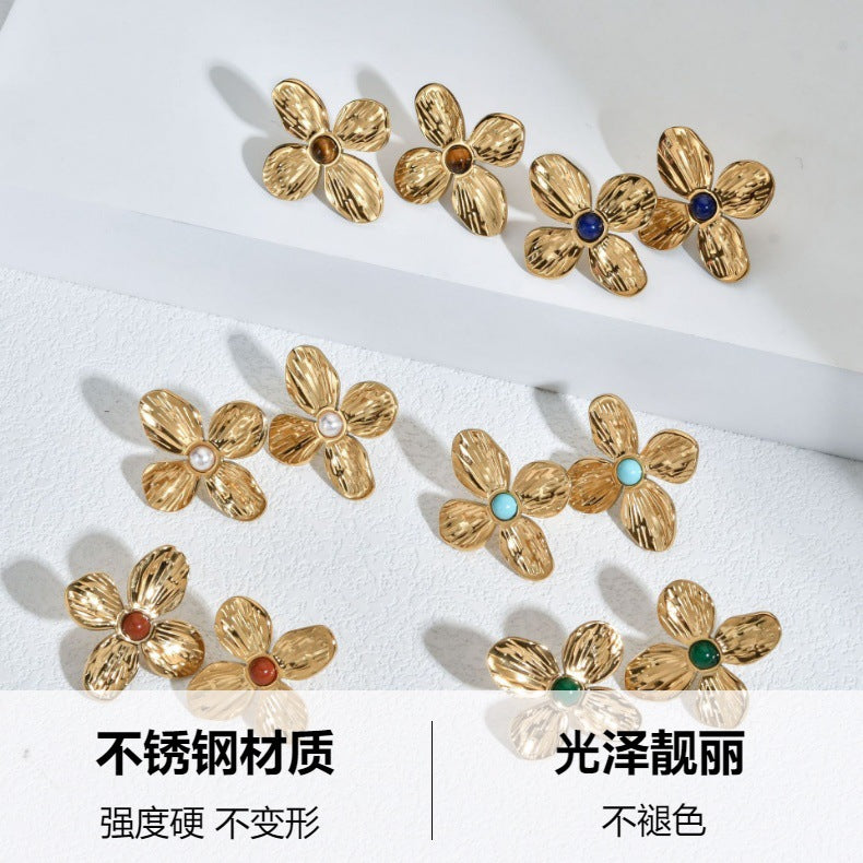 European and American retro style niche exquisite high-grade stainless steel earrings bud design petal does not fade earrings women