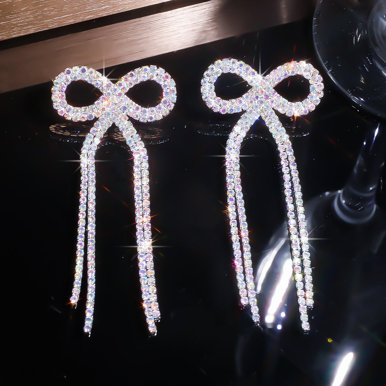 Explosive Bow Long Tassel Earrings Women's Personality Rhinestone