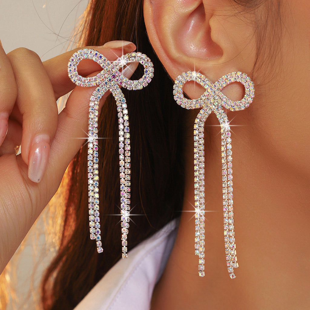 Shein Explosive Bow Long Tassel Earrings Women's Personality Super Flash Rhinestone Bride Wedding All-match Ear Jewelry