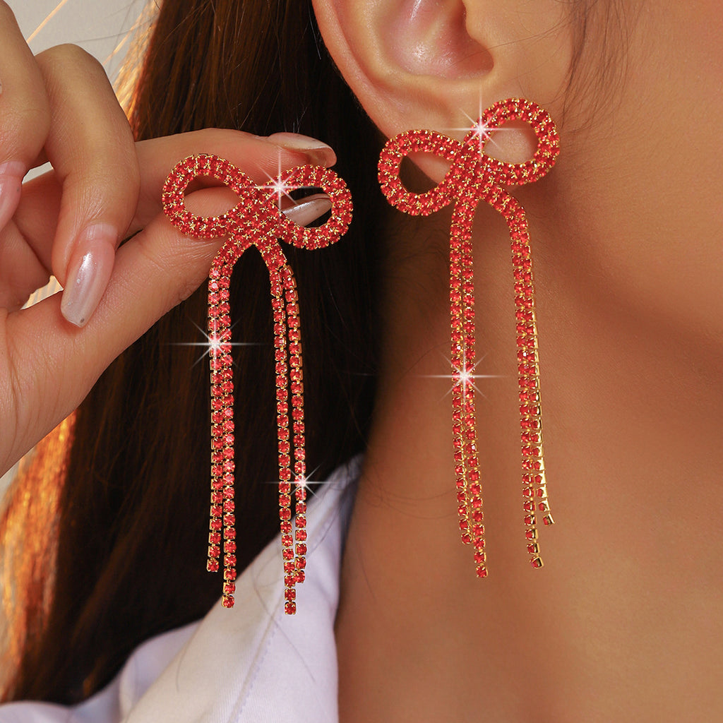 Shein Explosive Bow Long Tassel Earrings Women's Personality Super Flash Rhinestone Bride Wedding All-match Ear Jewelry