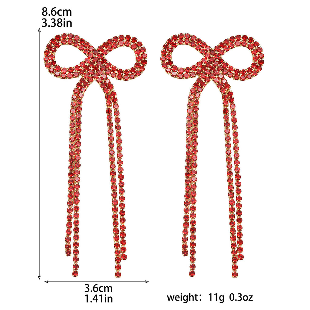 Shein Explosive Bow Long Tassel Earrings Women's Personality Super Flash Rhinestone Bride Wedding All-match Ear Jewelry