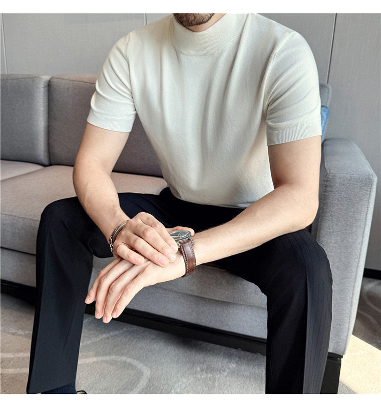 Tiktok Taobao Dropshipping Men's Short-Sleeve Knitwear, Fashionable Versatile Half-Turtleneck Slim-Fit Half-Sleeve Sweater Base Shirt