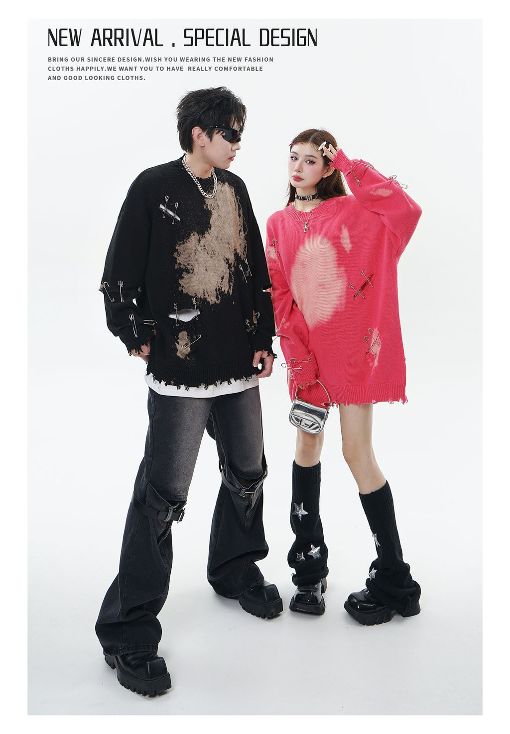 TIDE CARD LOG | Autumn and winter high street fashionable design faded pin ripped couple round neck loose sweater