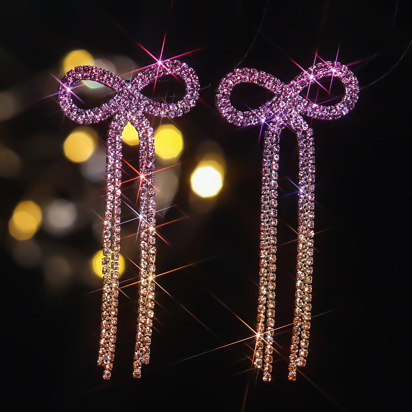 Explosive Bow Long Tassel Earrings Women's Personality Rhinestone
