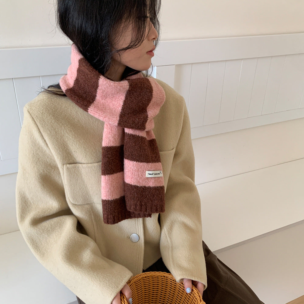 Korean Style New Style Striped Wool Knitted Scarf Women's Winter Warm Thick High-end All-match Scarf Light Luxury