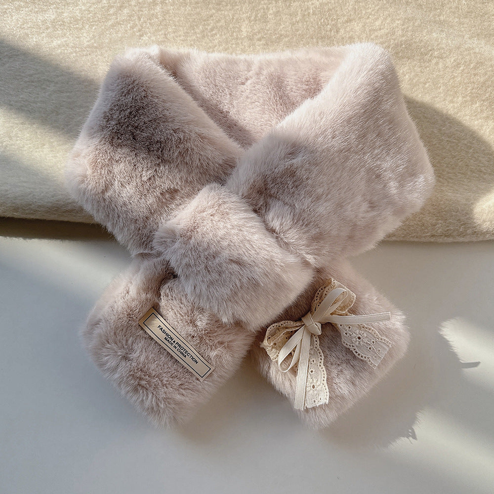 Sweet and Cute Double-layer Bow Fur Collar Scarf Women's Thickened Winter Windproof and Cold Wool Scarf Cross for Students