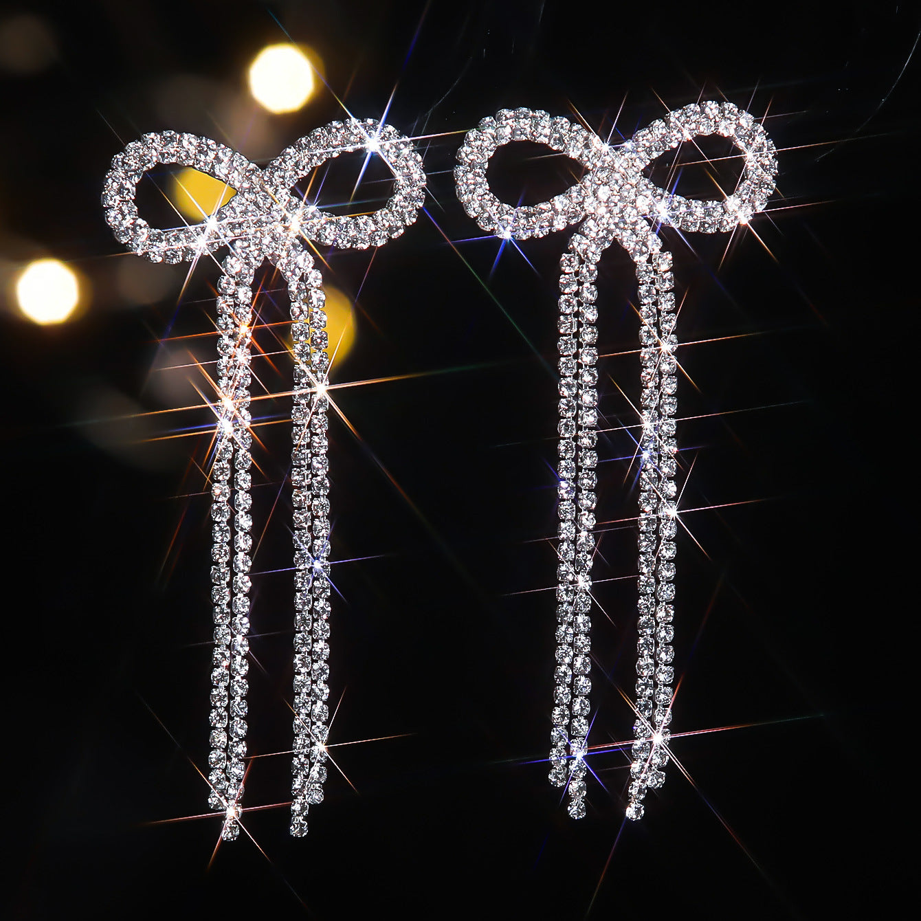Explosive Bow Long Tassel Earrings Women's Personality Rhinestone