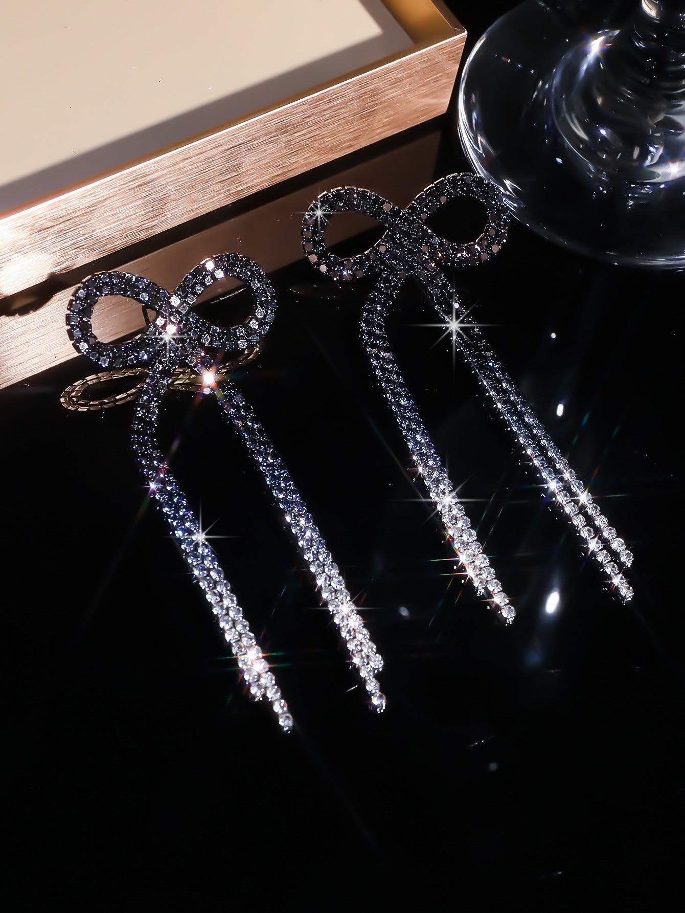 Explosive Bow Long Tassel Earrings Women's Personality Rhinestone