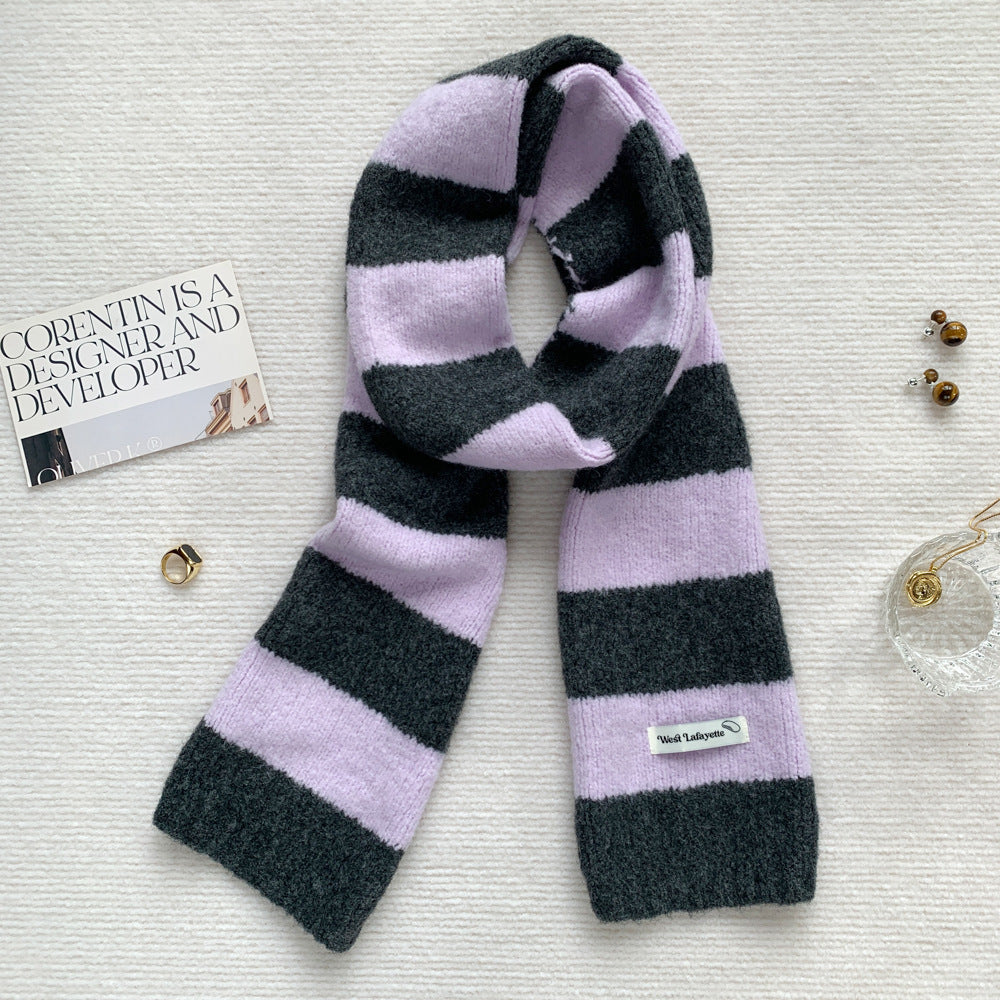 Korean Style New Style Striped Wool Knitted Scarf Women's Winter