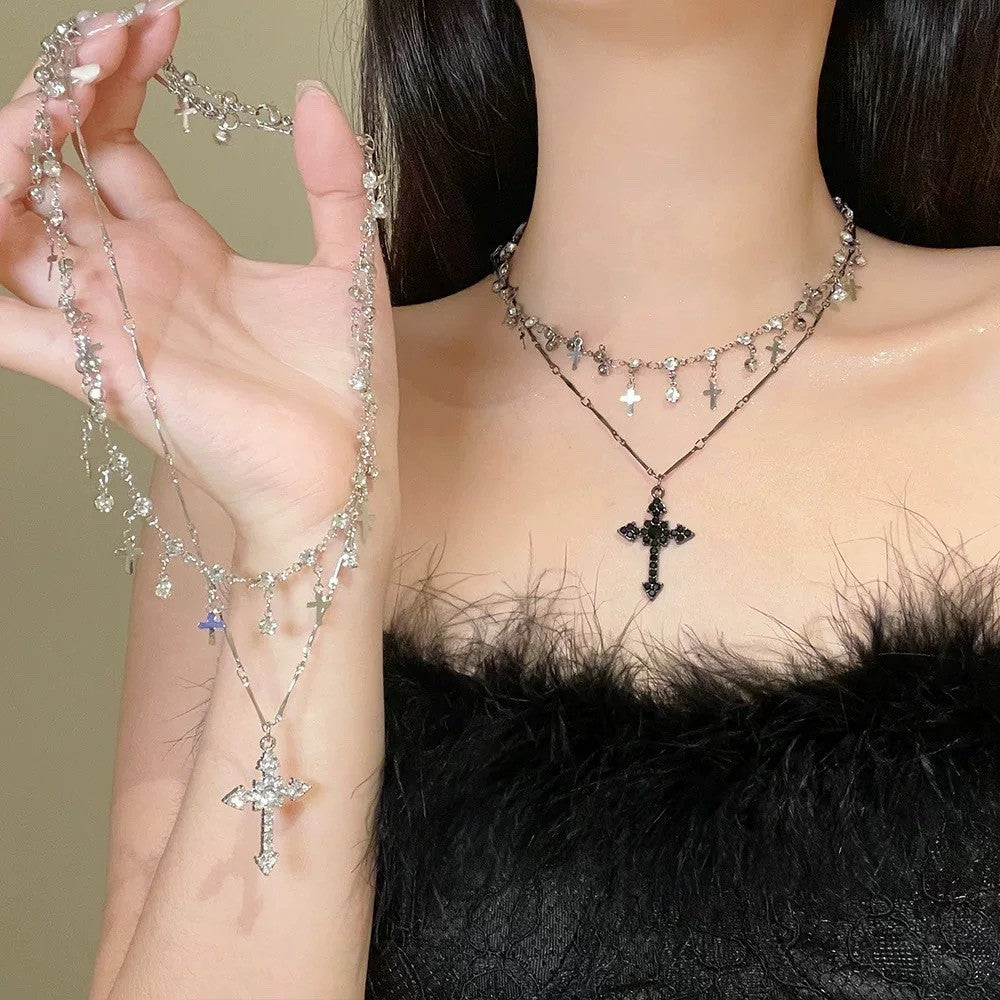 Diablo Sweet Cool Design Sense Diamond-encrusted Cross Pendant Necklace Women's Niche High-end Sense Multi-layered Clavicle Chain Tide