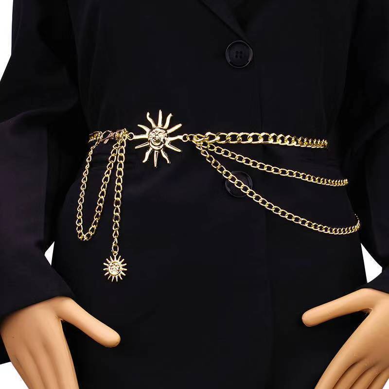 Cross-border European and American Metal Sunflower Multi-layer Waist Chain Accessories Hip-hop Retro Crescent Body Chain Waist Decoration