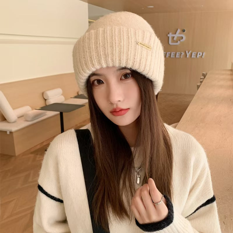 Hat Women's Autumn and Winter Warm Explosive Ear Protection Face Small Knitted Hat Windproof Moon Hat Wool Big Head Heap