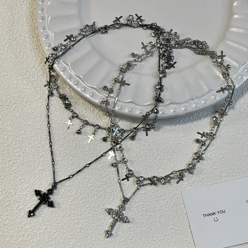 Diablo Sweet Cool Design Sense Diamond-encrusted Cross Pendant Necklace Women's Niche High-end Sense Multi-layered Clavicle Chain Tide