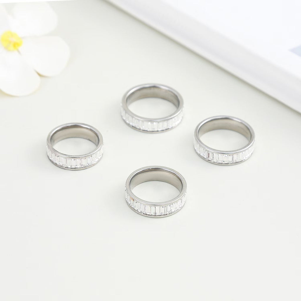 Cross-border plain ring stainless steel ring rectangular zircon ring titanium steel diamond lovers ring jewelry wholesale