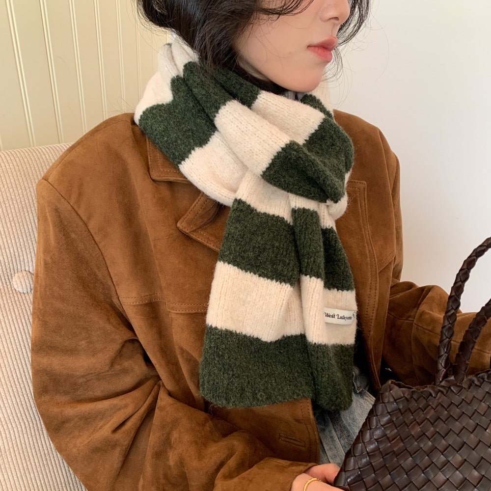 Korean Style New Style Striped Wool Knitted Scarf Women's Winter Warm Thick High-end All-match Scarf Light Luxury