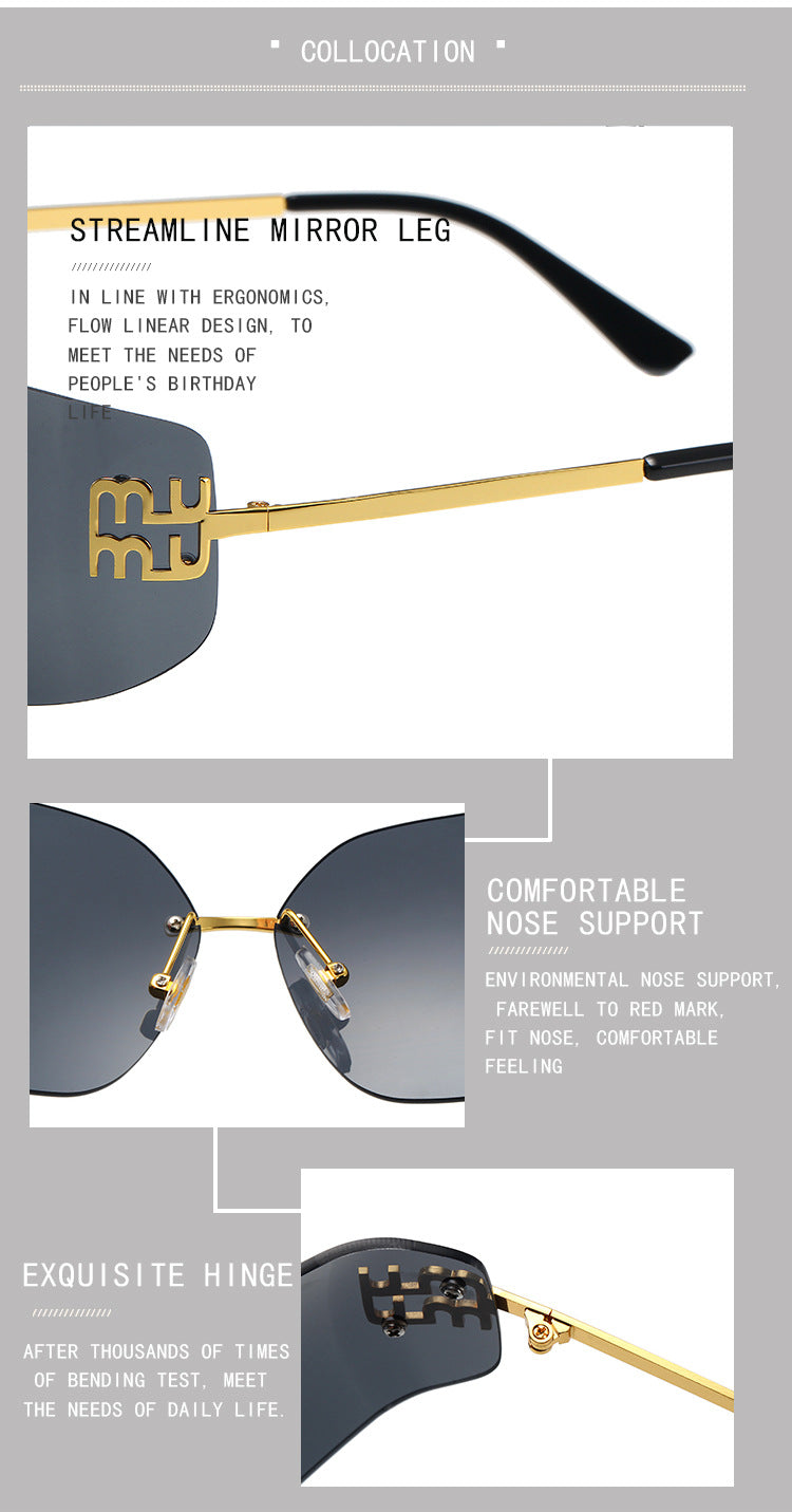 European and American New Fashion Black Sunglasses Frameless Retro Ins Internet Celebrity Same Style Women's Metal Sunglasses Cross Border