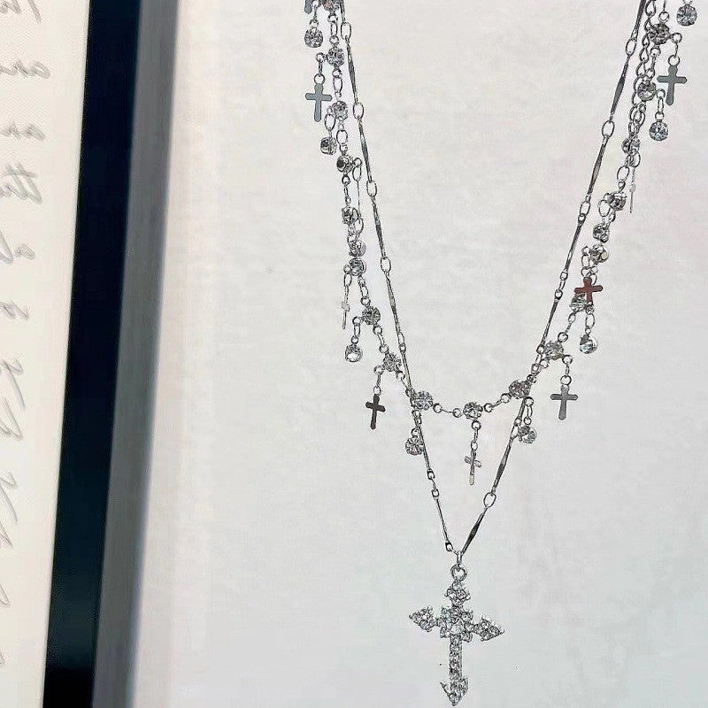 Diablo Sweet Cool Design Sense Diamond-encrusted Cross Pendant Necklace Women's Niche High-end Sense Multi-layered Clavicle Chain Tide