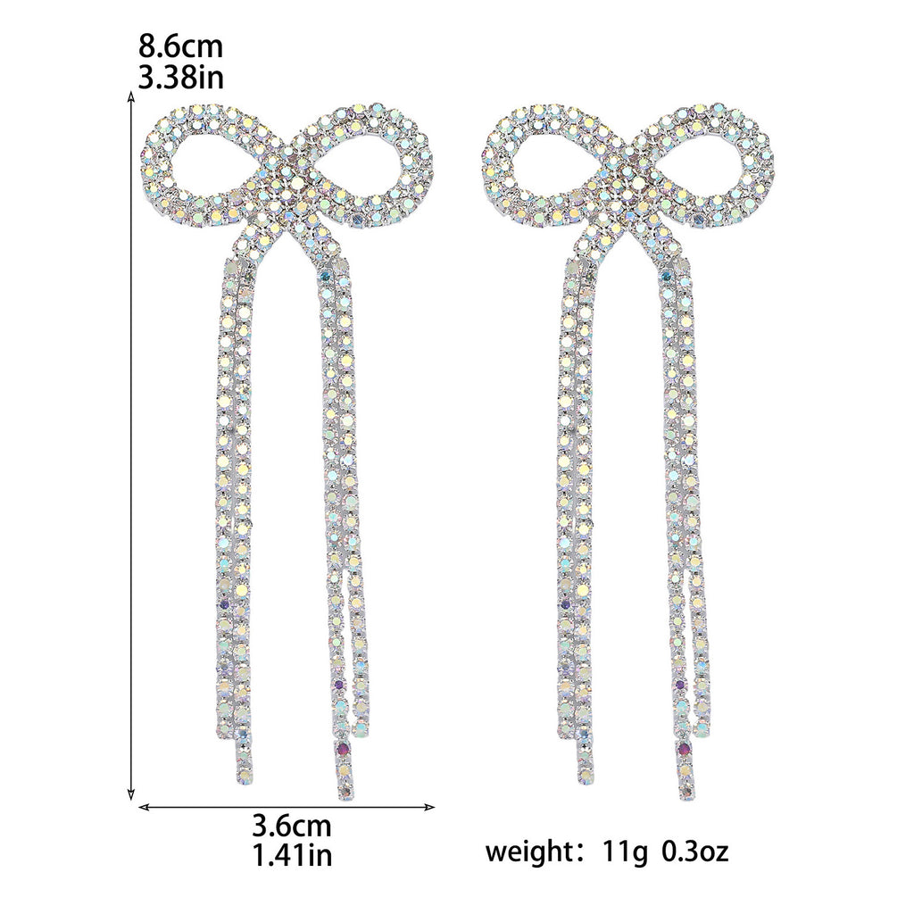 Shein Explosive Bow Long Tassel Earrings Women's Personality Super Flash Rhinestone Bride Wedding All-match Ear Jewelry