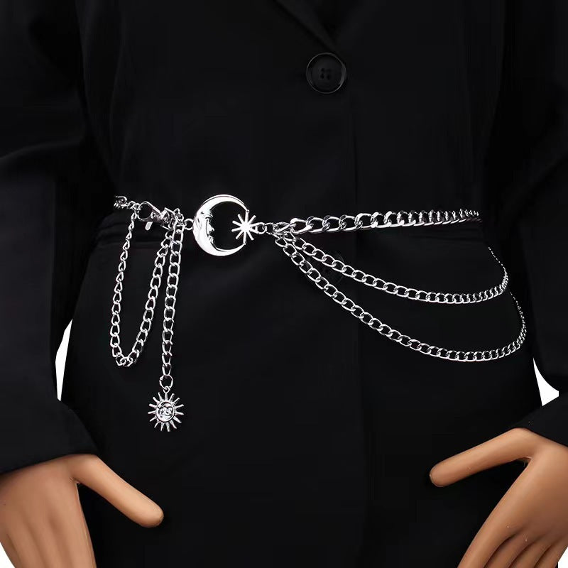 Cross-border European and American Metal Sunflower Multi-layer Waist Chain Accessories Hip-hop Retro Crescent Body Chain Waist Decoration