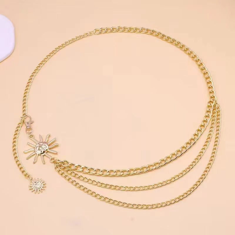 Cross-border European and American Metal Sunflower Multi-layer Waist Chain Accessories Hip-hop Retro Crescent Body Chain Waist Decoration