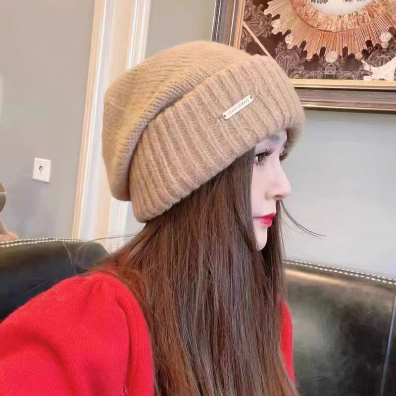 Hat Women's Autumn and Winter Warm Explosive Ear Protection Face Small Knitted Hat Windproof Moon Hat Wool Big Head Heap