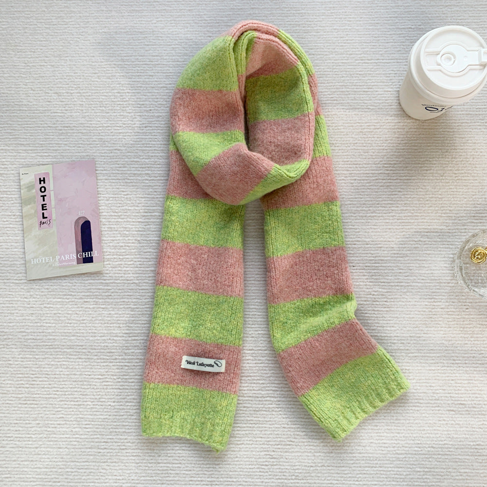 Korean Style New Style Striped Wool Knitted Scarf Women's Winter Warm Thick High-end All-match Scarf Light Luxury