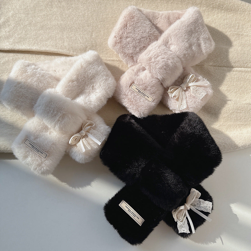 Sweet and Cute Double-layer Bow Fur Collar Scarf Women's Thickened Winter Windproof and Cold Wool Scarf Cross for Students