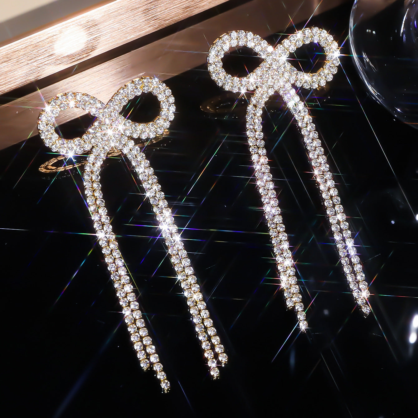 Explosive Bow Long Tassel Earrings Women's Personality Rhinestone