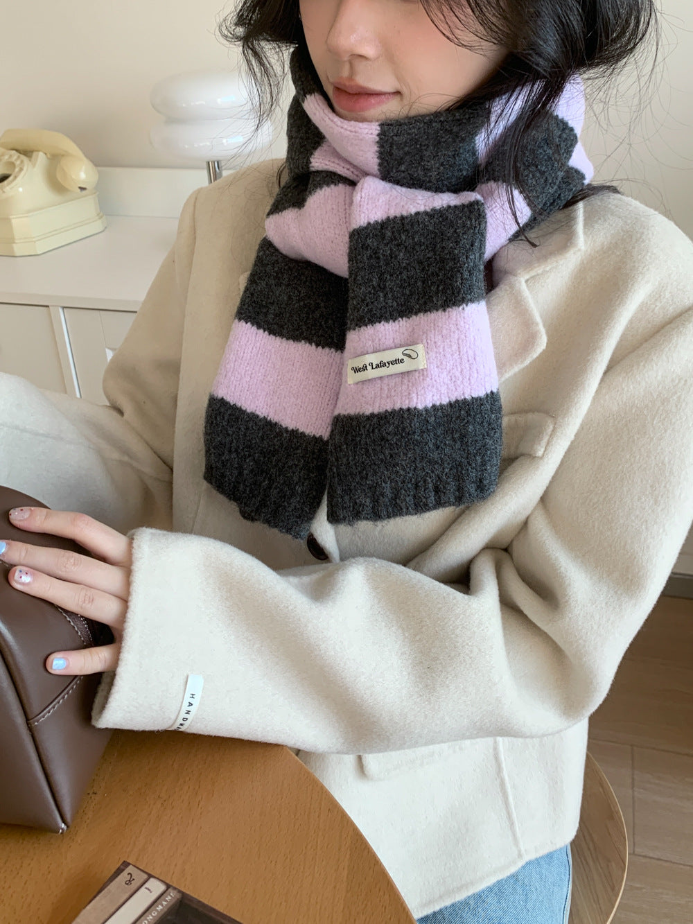 Korean Style New Style Striped Wool Knitted Scarf Women's Winter Warm Thick High-end All-match Scarf Light Luxury