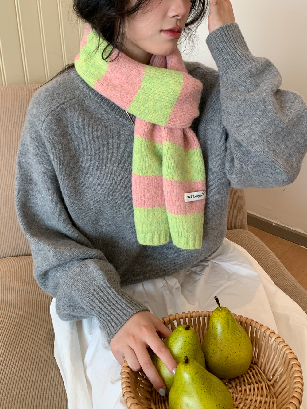 Korean Style New Style Striped Wool Knitted Scarf Women's Winter Warm Thick High-end All-match Scarf Light Luxury