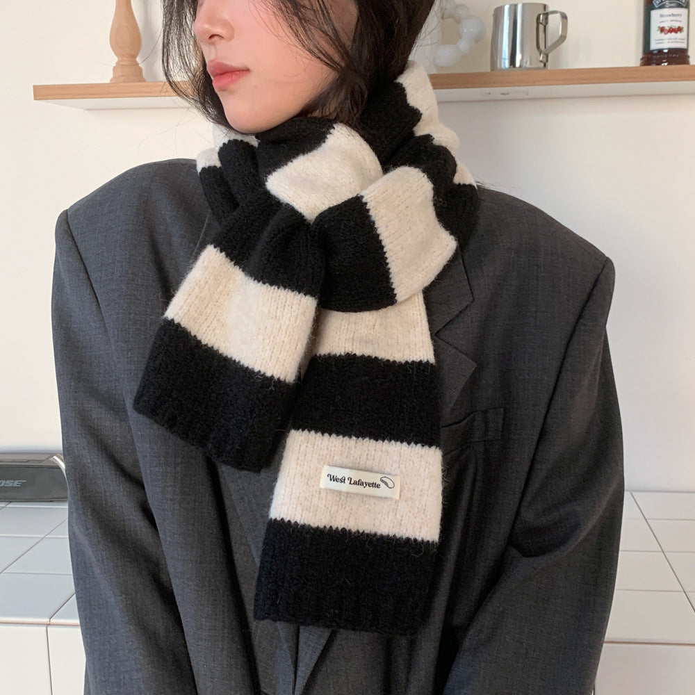 Korean Style New Style Striped Wool Knitted Scarf Women's Winter Warm Thick High-end All-match Scarf Light Luxury