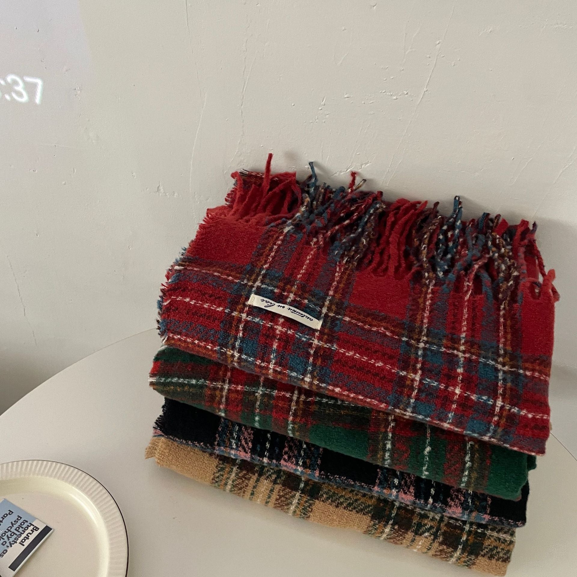 Happy Christmas Plaid Scarf Women's Winter High-end Cashmere Warm Neck Couple's JK Shawl