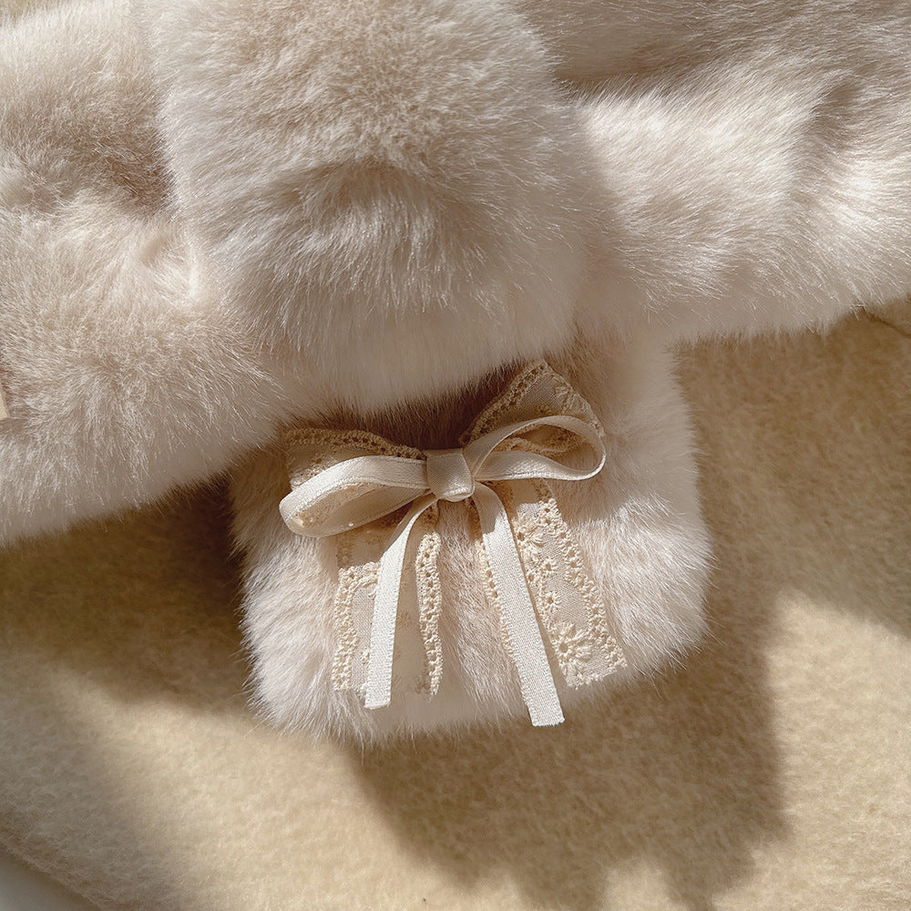 Sweet and Cute Double-layer Bow Fur Collar Scarf Women's Thickened Winter Windproof and Cold Wool Scarf Cross for Students