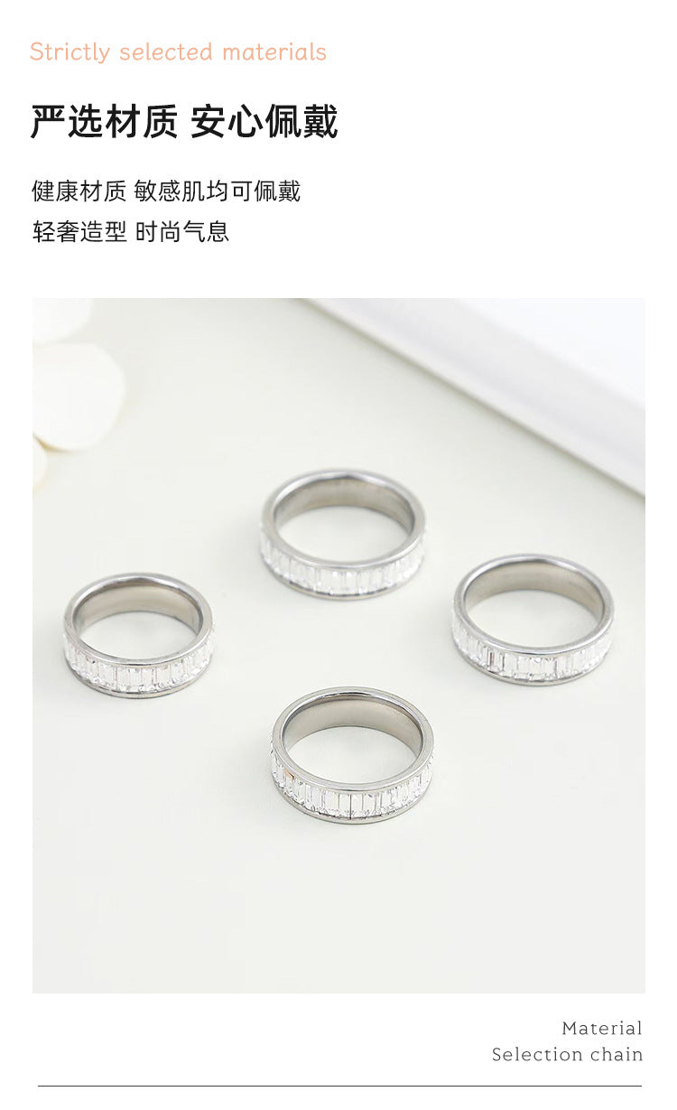Cross-border plain ring stainless steel ring rectangular zircon ring titanium steel diamond lovers ring jewelry wholesale