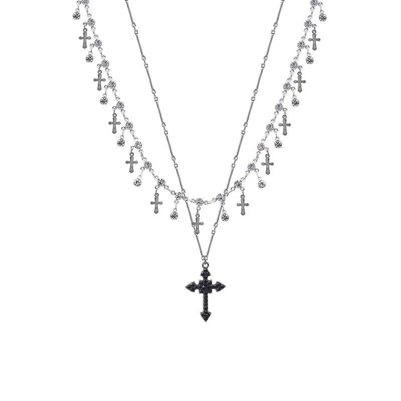 Diablo Sweet Cool Design Sense Diamond-encrusted Cross Pendant Necklace Women's Niche High-end Sense Multi-layered Clavicle Chain Tide